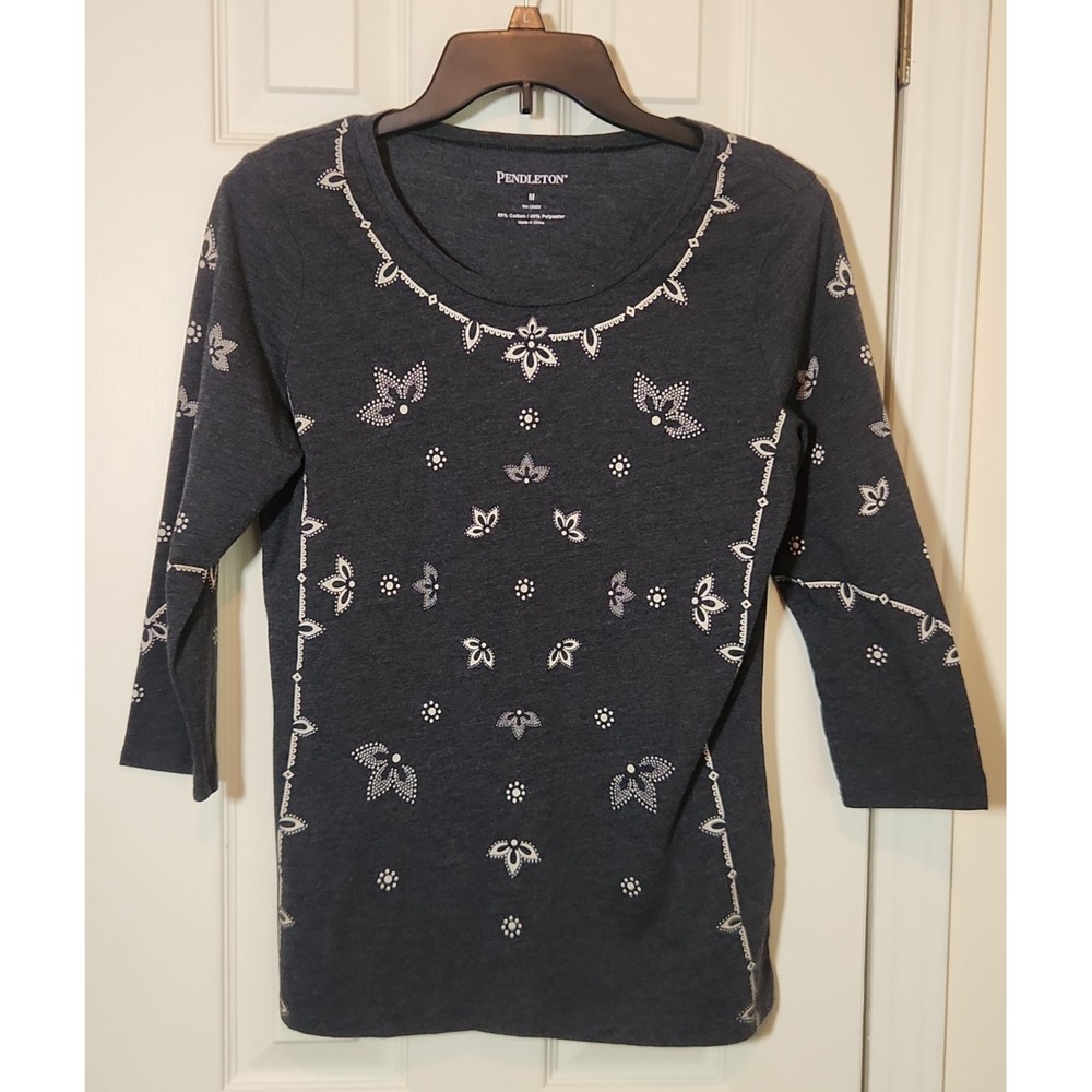 Pendleton Shirt Womens Medium Gray 3/4 Sleeve Casual Graphic Floral motiff